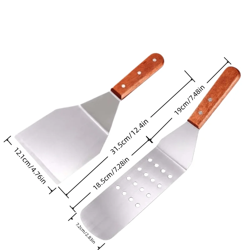 Pie Pizza Server Kitchen Grill Spatula Turner Stainless Steel Riveted Smooth Wood Handle- Set of Perforated & Solid Face Spatula