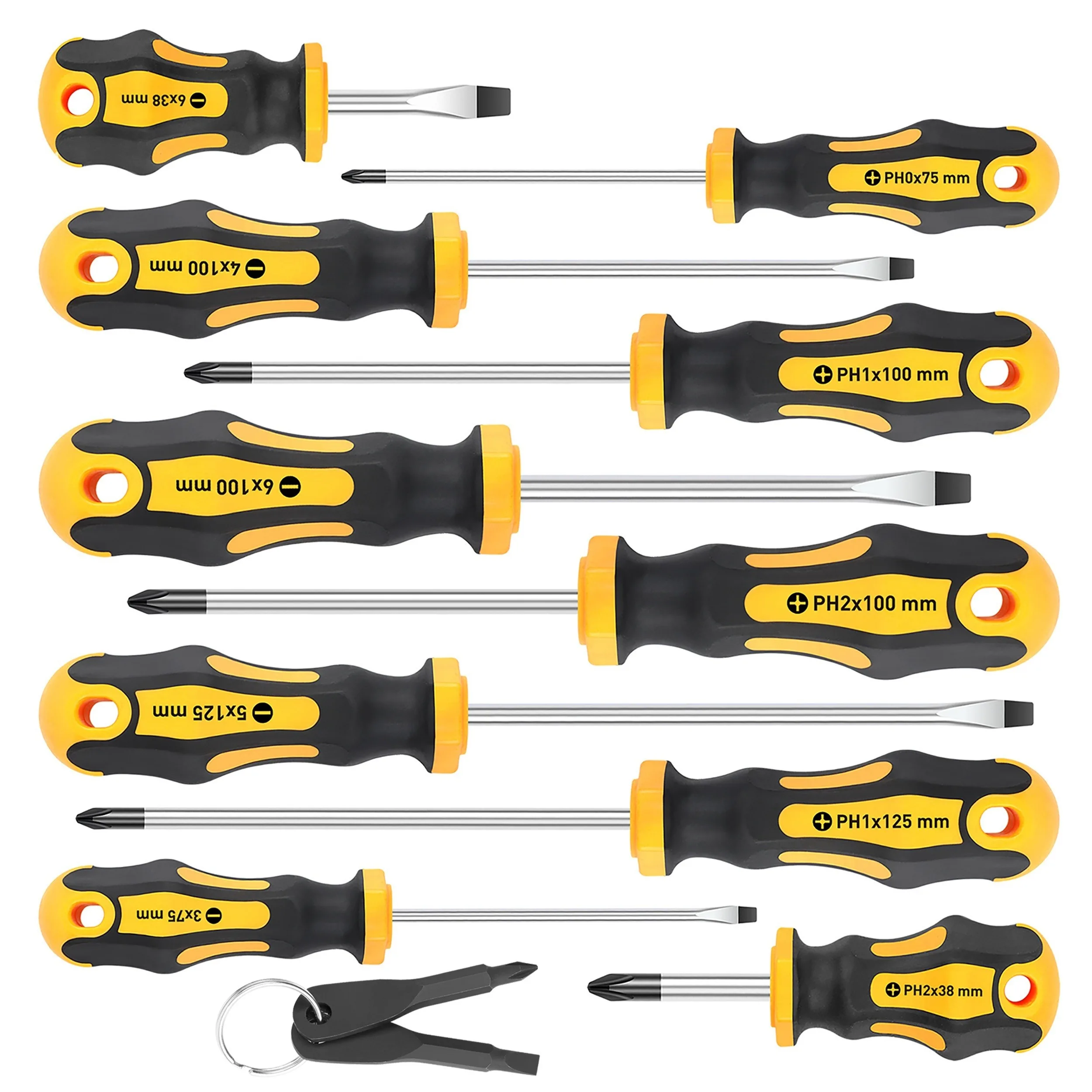 12-piece magnetic screwdriver set, featuring 5 Phillips-head and 5 slotted-head professional screwdrivers with cushioned grips, plus two spanner (U-shaped) screwdrivers.