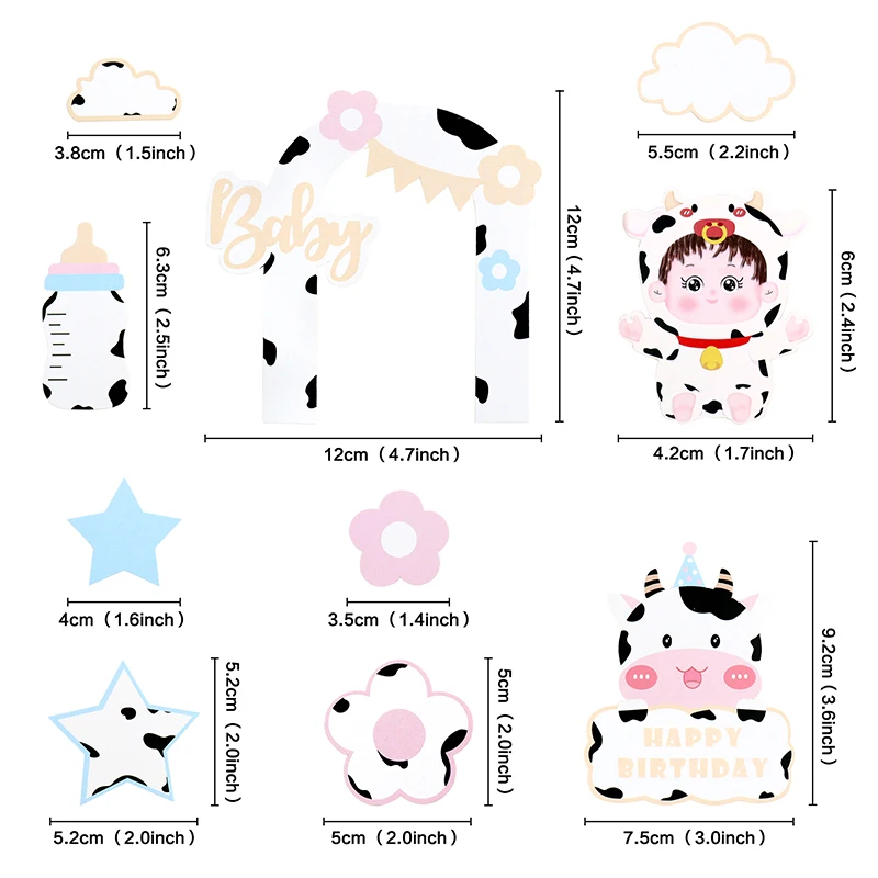 Cow Cake Topper Baby Bottle Toppers Star Flower Cloud Cake Flags Kids Boys Happy Birthday Party Baking Cake Dessert DIY Decor