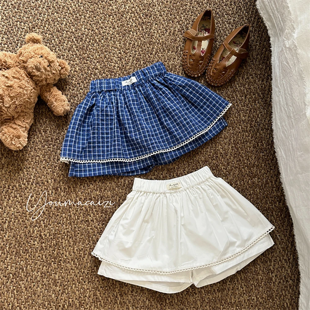 1-6Years Old Kids Plaid Shorts 2026 Summer Chic Elasitic Waist  Lace Edge Skirt Shorts Children Clothes Casual Hot Pants