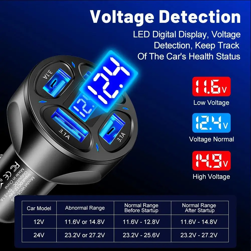 디지털 디스플레이가 있는 차량용 충전기, 4 포트 USB 3.0, 아이폰 14 프로 맥스용 휴대폰 충전기 어댑터, 66W, 4 in 1