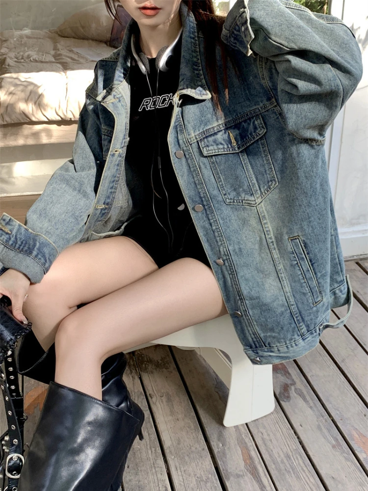 سترات الدنيم النسائية خمر BF معطف الخريف شارع العليا الشهيرة سيدة الكورية الموضة العصرية الشارع الشهير Y2k أبلى الجمالية Ins #6