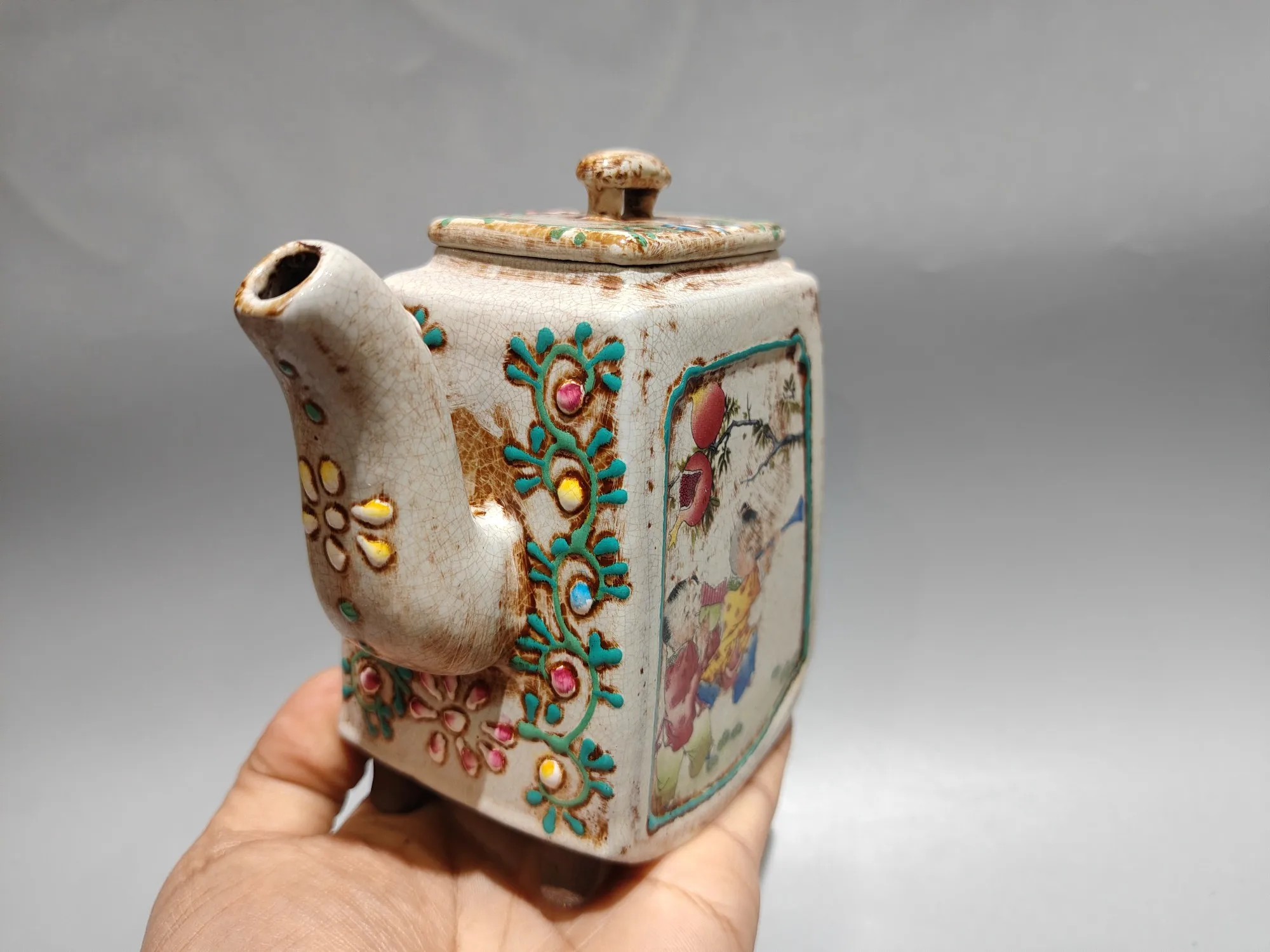 Yixing Teapot Purple Clay Mud painting Child pattern Childlike Delight Four sided teapot Teapot Kettle Tasting tea ceremony