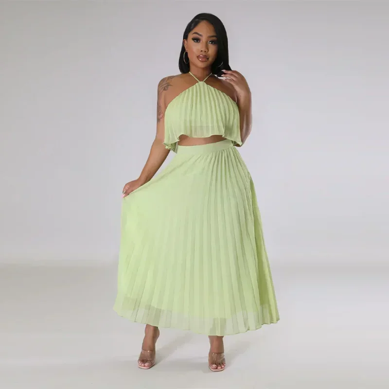 

GUWU Beach Holiday Pleated Women Two 2 Piece Set Outfit Halter Neck Blouse and A-line Maxi Long Skirt Suit Sexy Dress Set