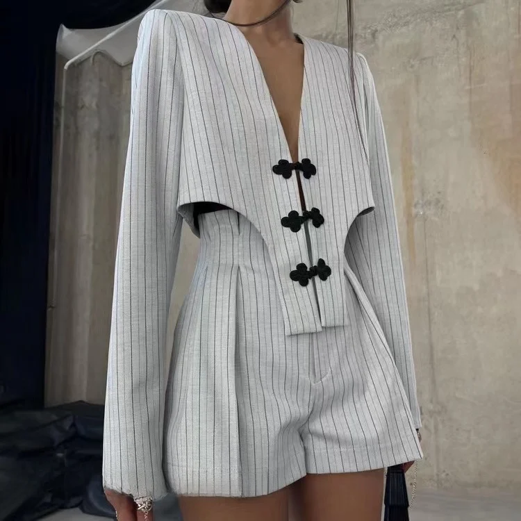 

Новые брюки с высокой талией и глубоким V Ne, комплект из двух предметов в полоску, сексуальный топ и ортез V-Ne Combo Long Sve Spring Faion Ladi...