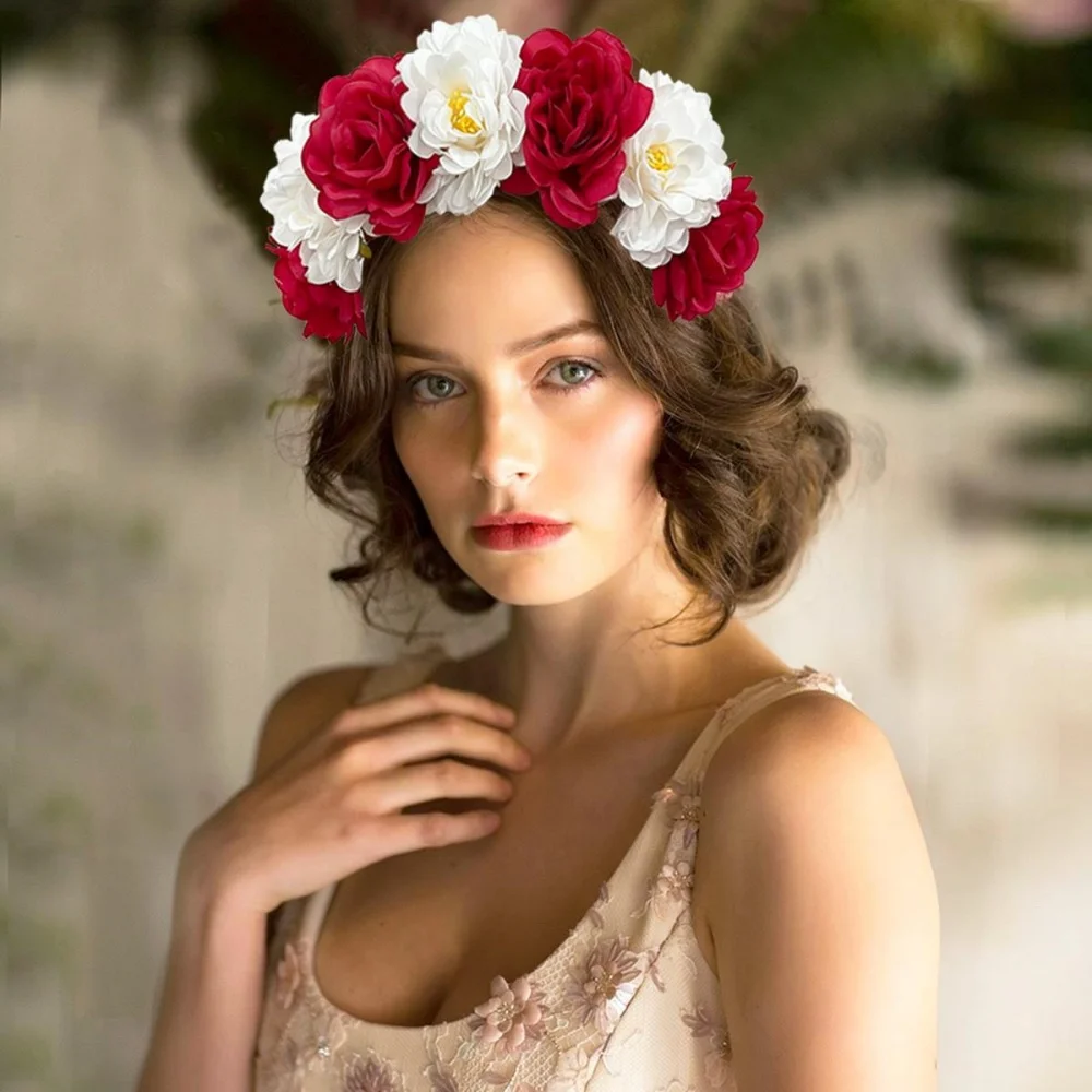 Modisches Rosenblüten-Stirnband für Damen, Braut-Blumenkranz, Bohemian Haaraccessoire, Hochzeits- und Festival-Kopfschmuck, Party-Deko – Detail 5