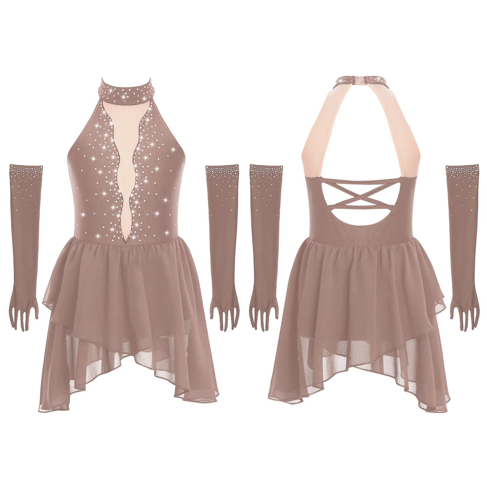 Criança sem mangas patinação artística roupas de dança meninas strass malha bainha irregular vestido + luvas ballet lírico conjuntos de dança moderna
