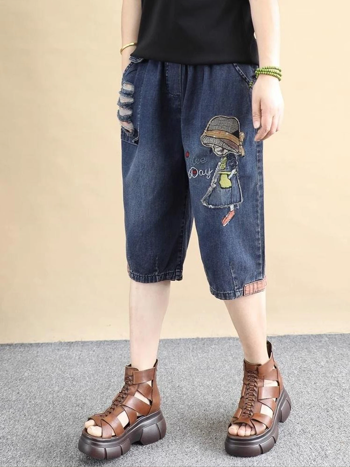 

Retro Cartoon Girl Patchwork Jeans High Waist Thin Denim ort Sixteen Pants Five Hole Harlan mid Pants Summer Cool Sensation