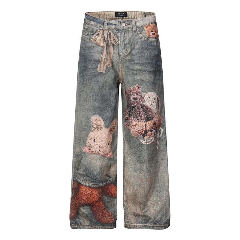 

GXFortune American Retro AC Style Bear Bow Tie 3D Printed Vintage Loose Straight Leg Jeans Digital Printing mid Waist Zipper