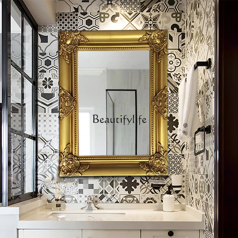 European French square bathroom mirror solid wood frame light luxury carved  retro hanging bathroom mirror