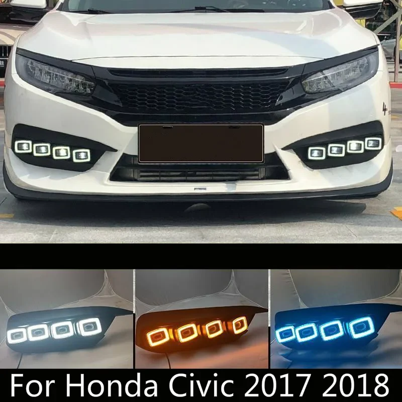 2Pcs Car LED DRL daytime running light for Honda Civic 2017 2018 Daylight with turn yellow signal night blue