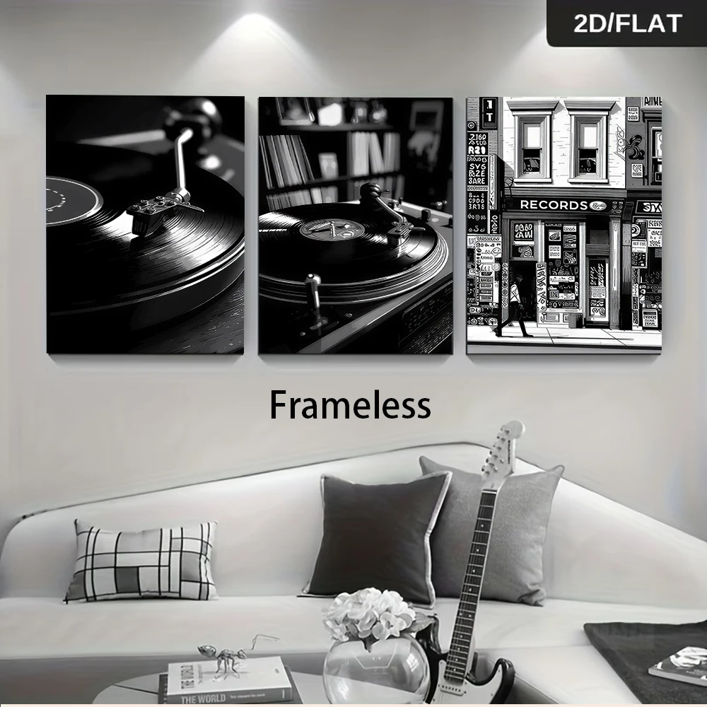 1 set of modern vinyl records, triple layered living room, retro music theme, simple art, frameless decorative painting, 2D plan