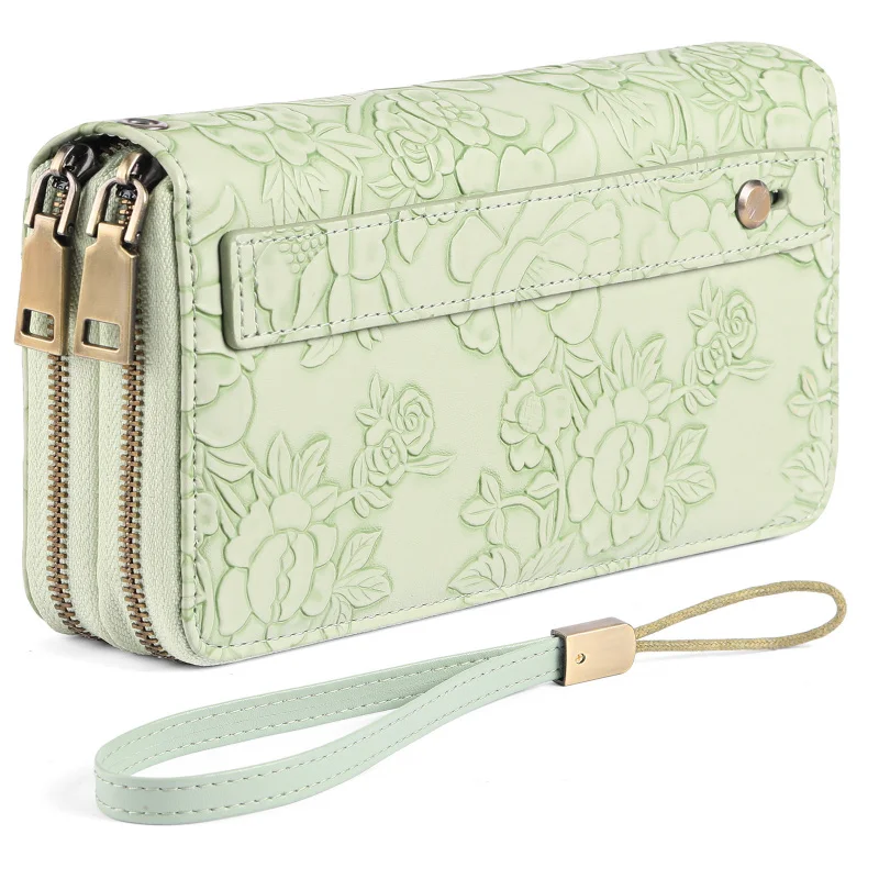 Western Long Double Zipper Flower Embossed PU Leather Women Wallet Large Capacity Print Purse for Laides