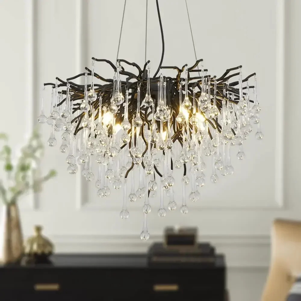 Nordic Black Crystal Chandeliers Ceiling Lamp for Living Room Oval Lamp Shade Large Ceiling Hanging Lamp Dining Table Lights