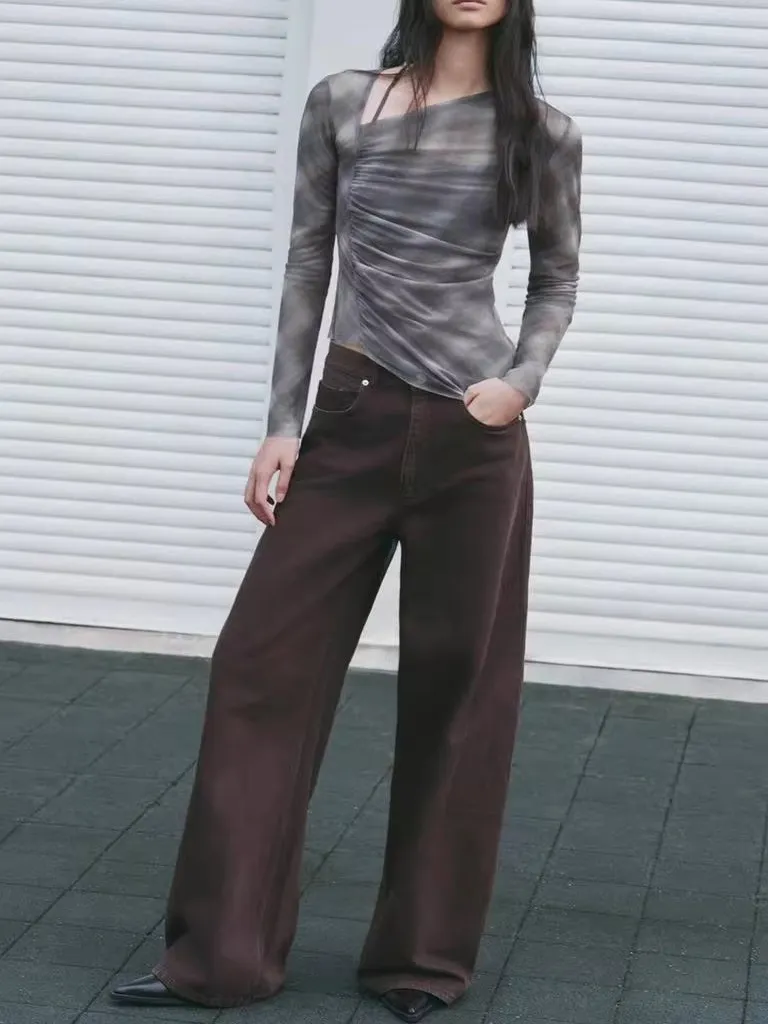 

High Waist Ultra Long Wide Leg Jeans Women's Fashion Metal Button Retro Style Casual Jeans Autumn New Arrival 4060226