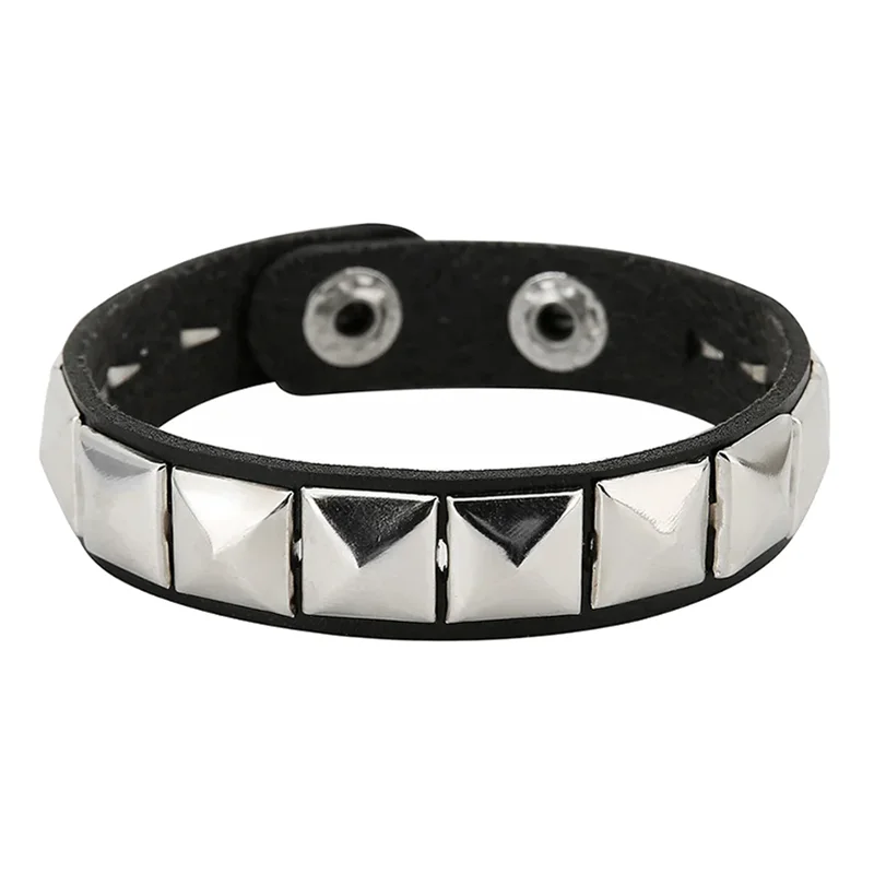 PU Leather Stainless Steel Europe and America Punk Single Row Square Shape Rivet Bracelet for Women Fashion Exaggerated Jewelry