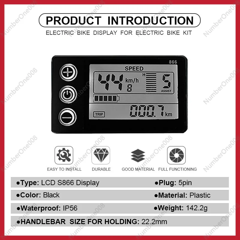 Bicycle Mountain Bike Lithium Battery Modification LCD Meter S866, Ordinary Connector for 24V, 36V, 48V