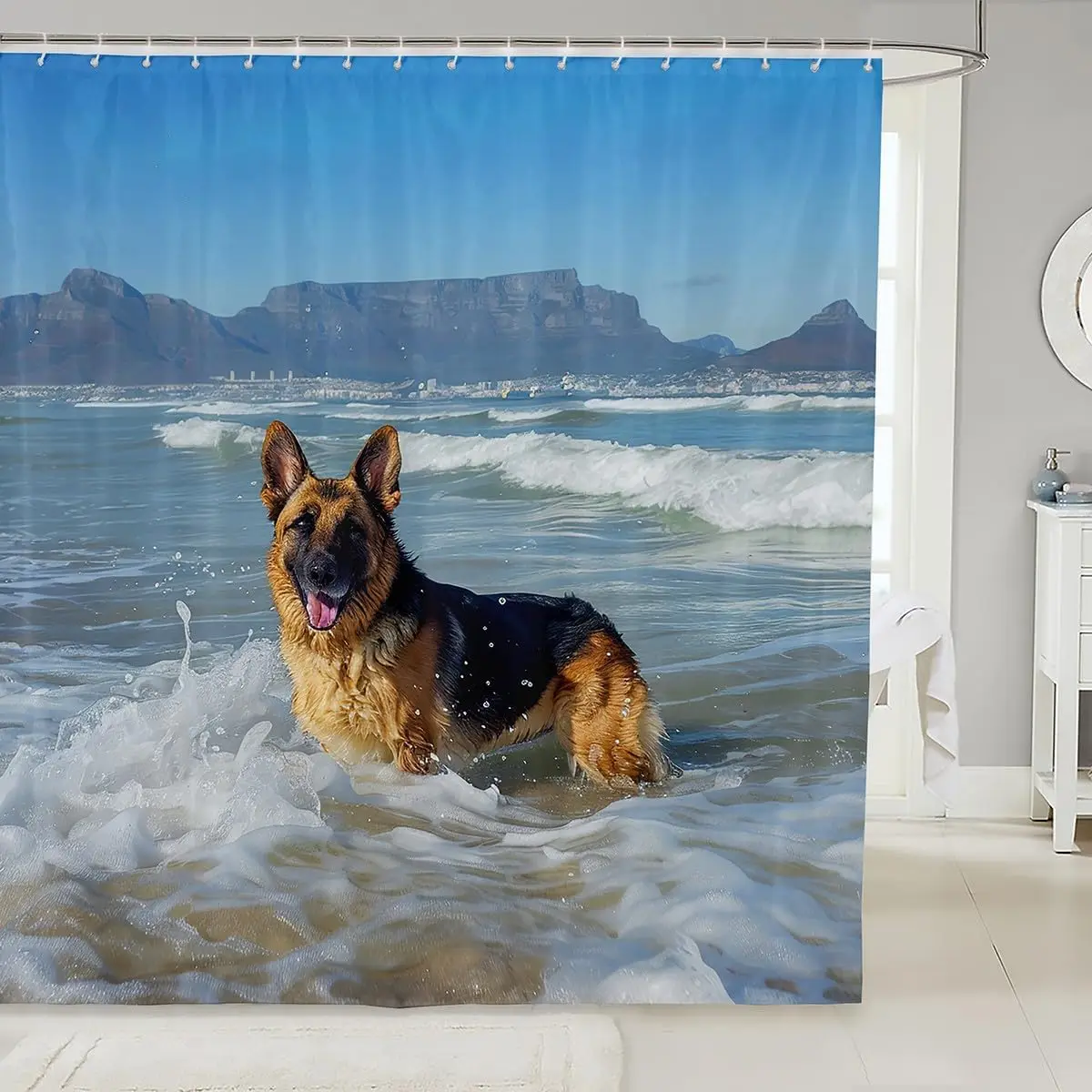 German Shepherd Dog Shower Curtain, Ocean Mountain Hippie Print, Waterproof Pet Bath Curtain for Bathroom with 12 Hooks