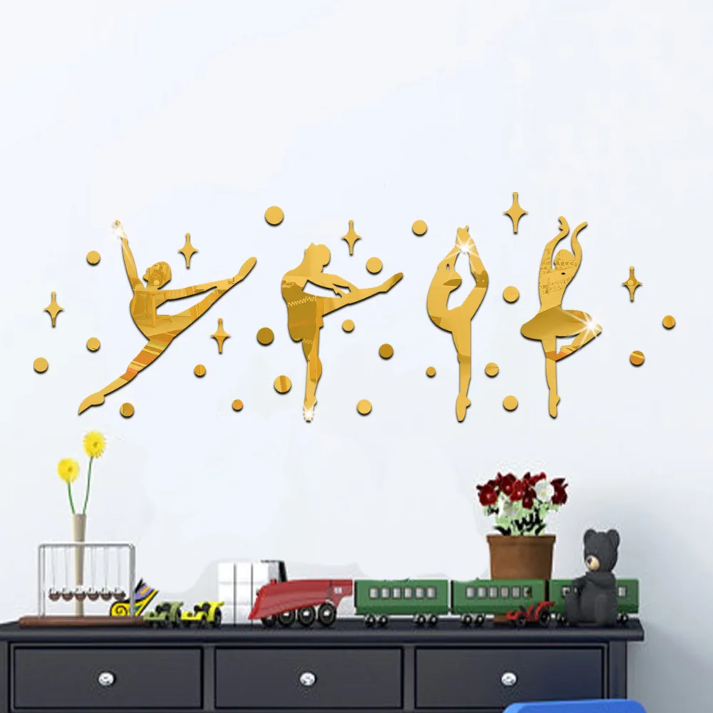 new 3D Acrylic Mirror Surface Wall Sticker Ballet Dance Girls Design for Dance room Kindergarten Wall Decoration 60067