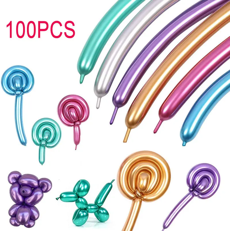 10/20/50/100pcs Long Glossy Metal Twist Latex Balloons Thick Strip Metal Color Inflatable Air Balls Globos Birthday Party Decor