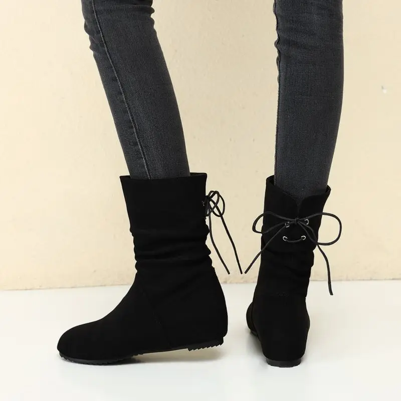 

Girseaby 2024 Ankle Boots Round Toe Flock Suede Increased Heels 4.5cm Lace Up Size 41 42 43 Leisure Daily Female Bota
