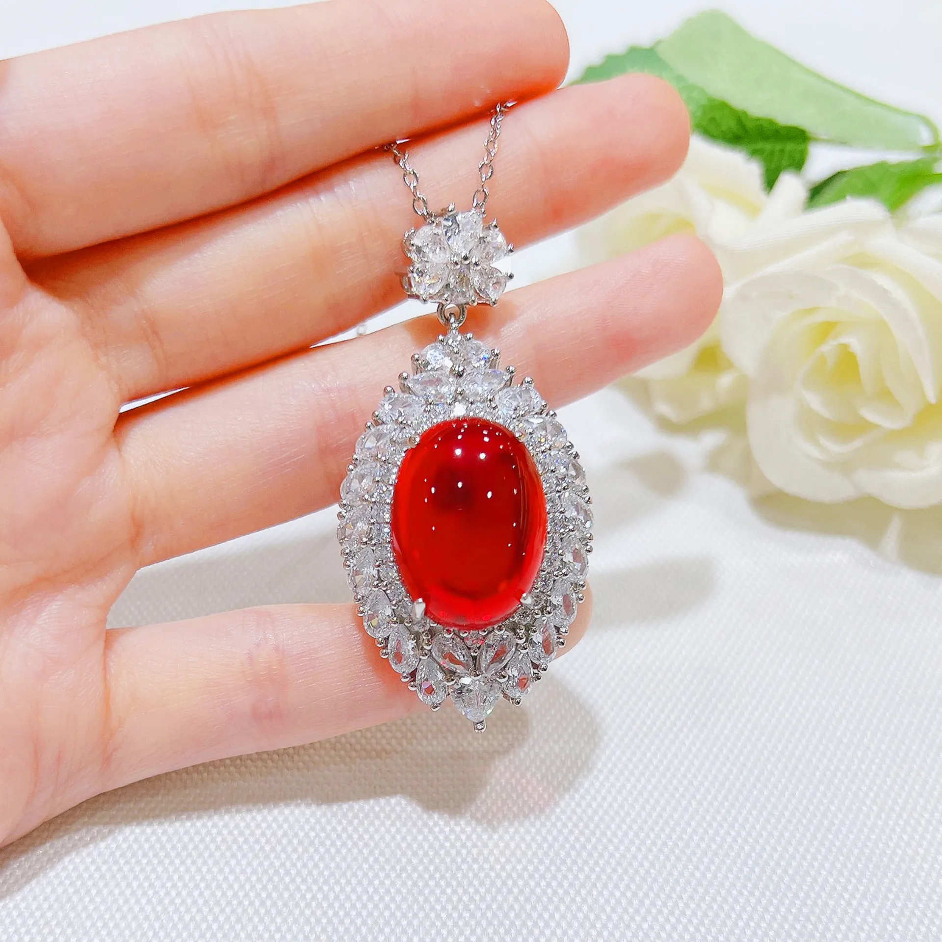 Foydjew New Luxury Simulation Pigeon Ruby Jewelry Sets For Women Exaggerated Big Red Stone Pendant Necklaces Stud Earrings Rings