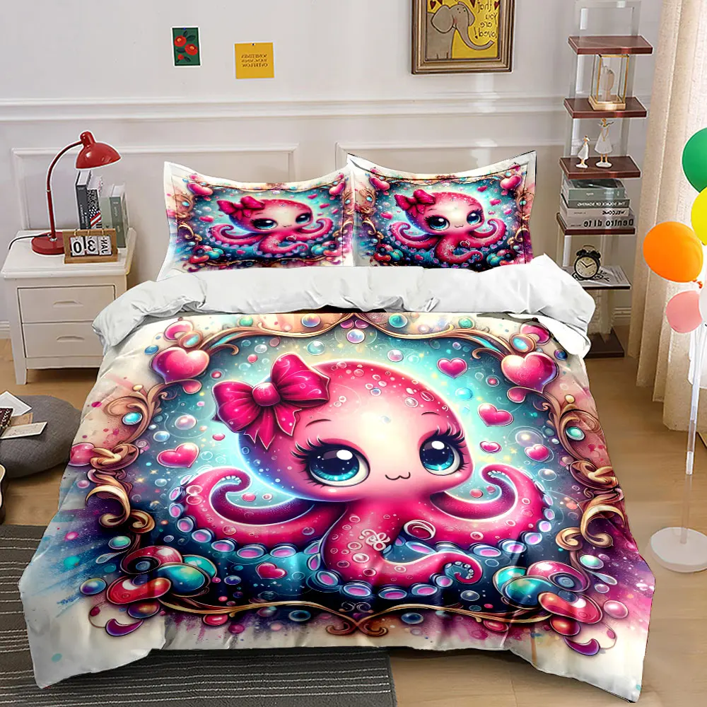 Pink cute octopus with heart decor Bedding Set for Kids Luxury Gift 3pcs Digital Print Comforter Set Soft Comfortable Breathable