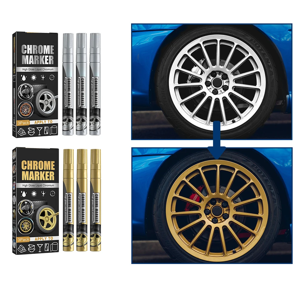 3pcs Liquid Mirror Chrome Marker Set DIY Car Paint Pens Metallic Markers Tire Graffiti Waterproof Car Care Paint Pens Accessory