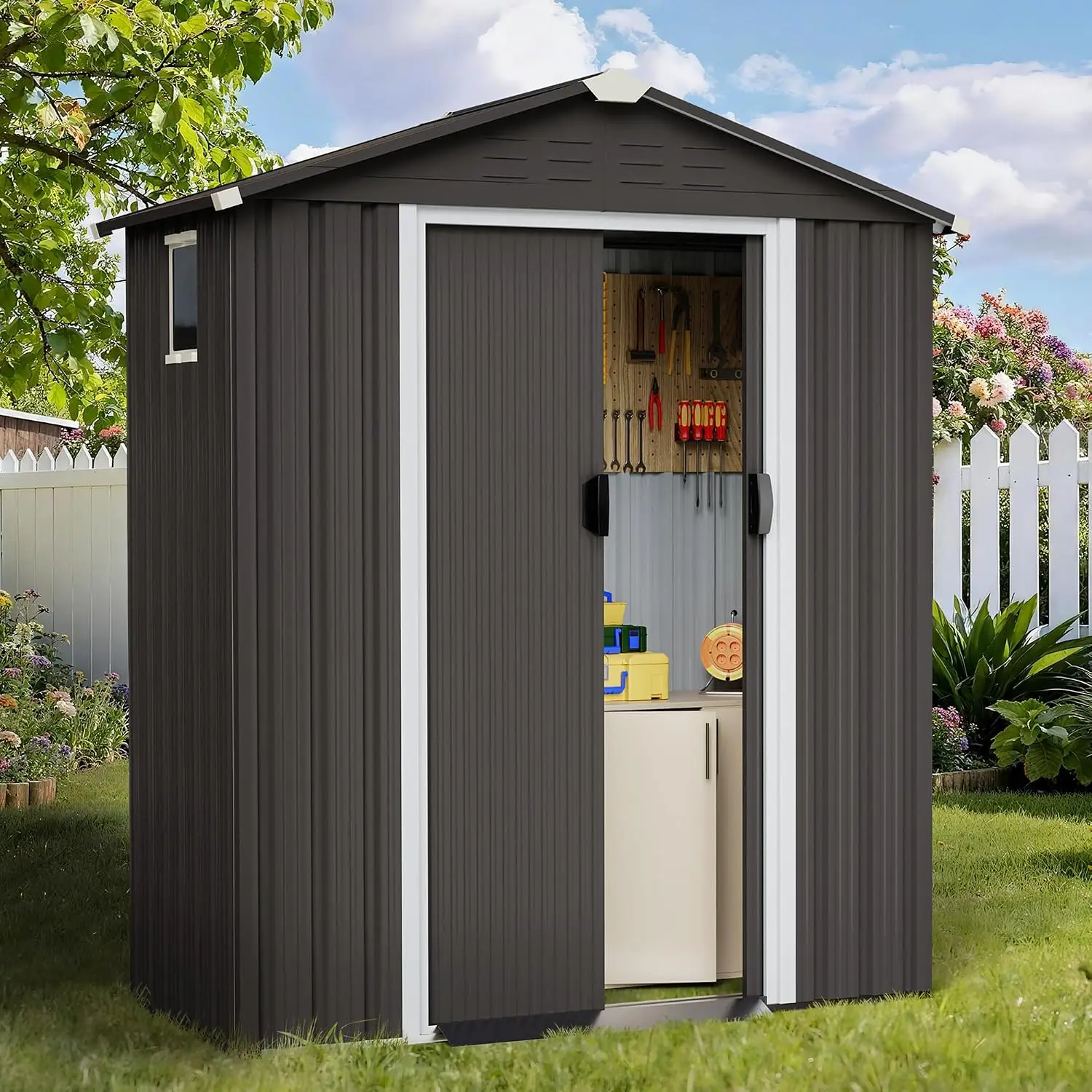 Metal Outdoor Garden Storage Shed With Window And Lockable Door, Weather Resistant Steel Tool Storage Shed For Backyard Patio Lawn, Waterproof Utility Cabinet Unit, Dark Gray, 1 Pack