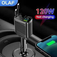 Car Charger Adaptor Max120W Fast Charge USB Type C Charger with Type C Retractable Cords For iPhone 16 15 14 13 Car USB Charger