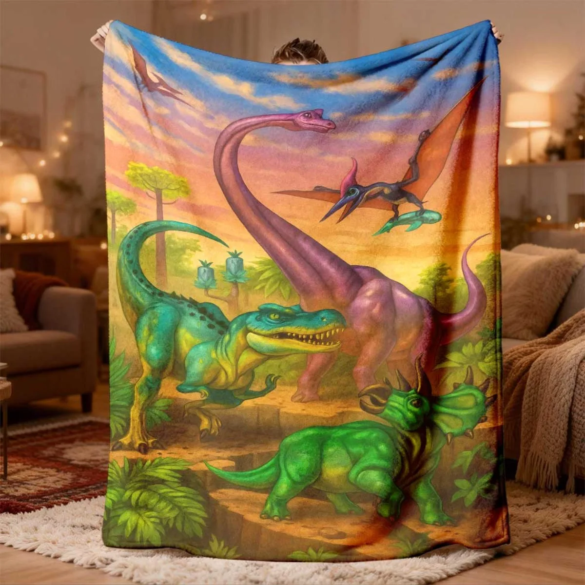 Giant Dinosaur Jurassic Jungle Blanket Throw 150x200cm Prehistoric Dinosaur Art Cozy Living Room Couch Cover