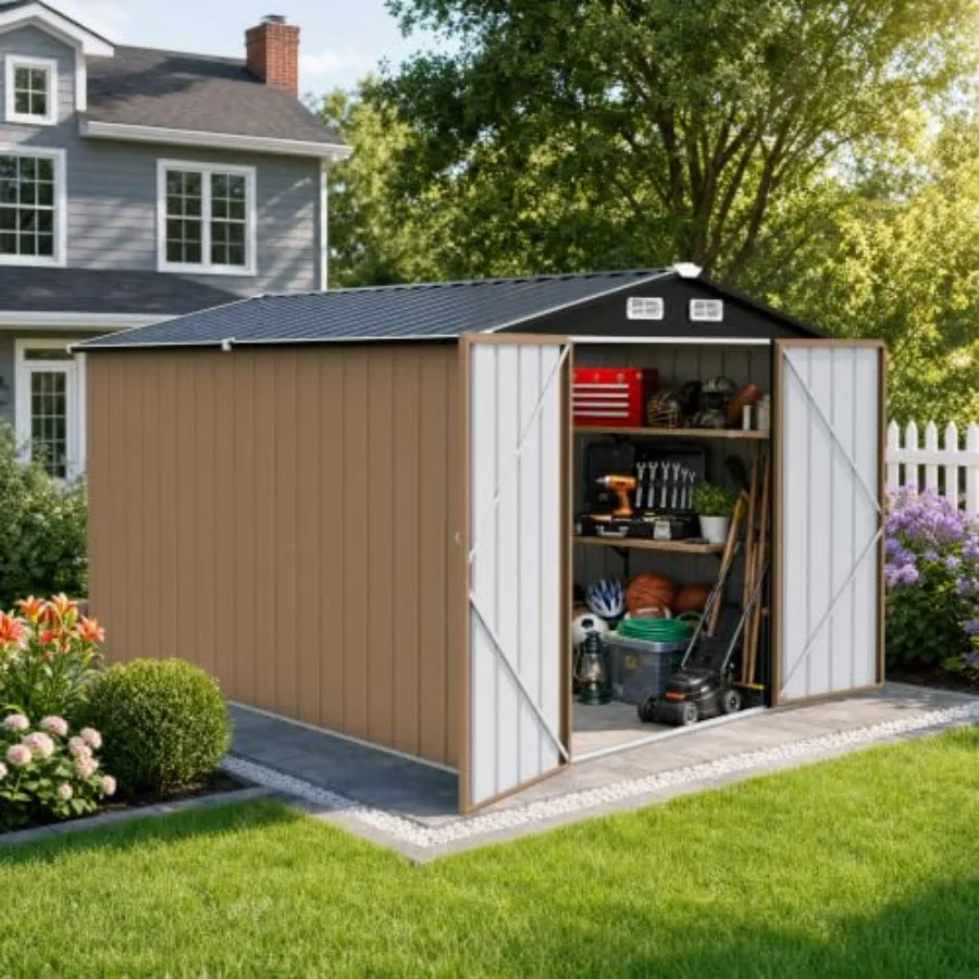 Outdoor storage for backyard patio: heavy duty galvanized steel, gray, double lockable doors, gable roof air vent, 8 x 10 feet