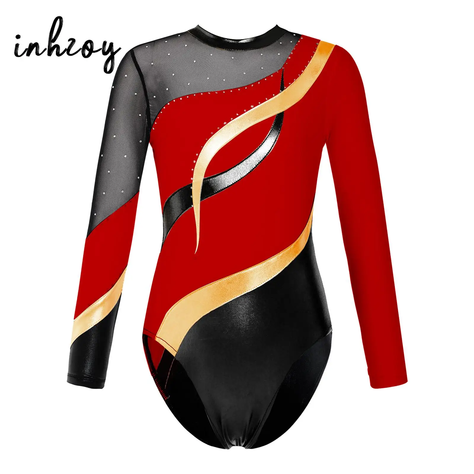 

Kids Girls Hollow Back Long Sleeve Ballet Leotard Shiny Rhinestone Gymnastics Bodysuit Jumpsuit Figure Ice Skating Dance Costume