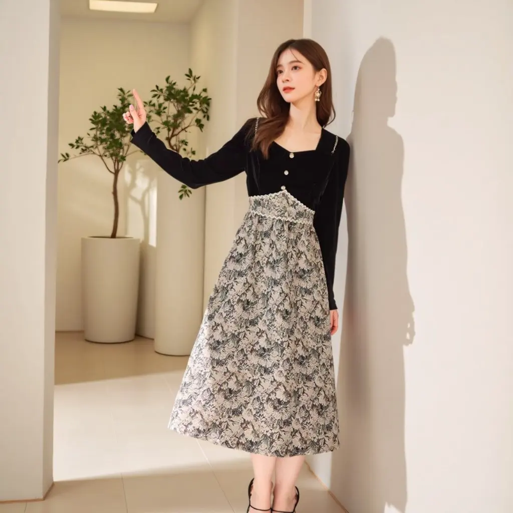 

Женское платье больших размеров с длинными рукавами и цветочной строчкой, винтажный дизайн, емкость 300 кг, весенне-осенняя мода для полных девушек