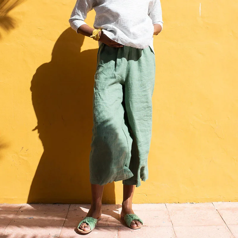 

Cotton Linen Pleated Loose Pants Spring Summer Elastic Waist Hemp Thin Women's Trousers Casual Wide Leg Pants Female Streetwear