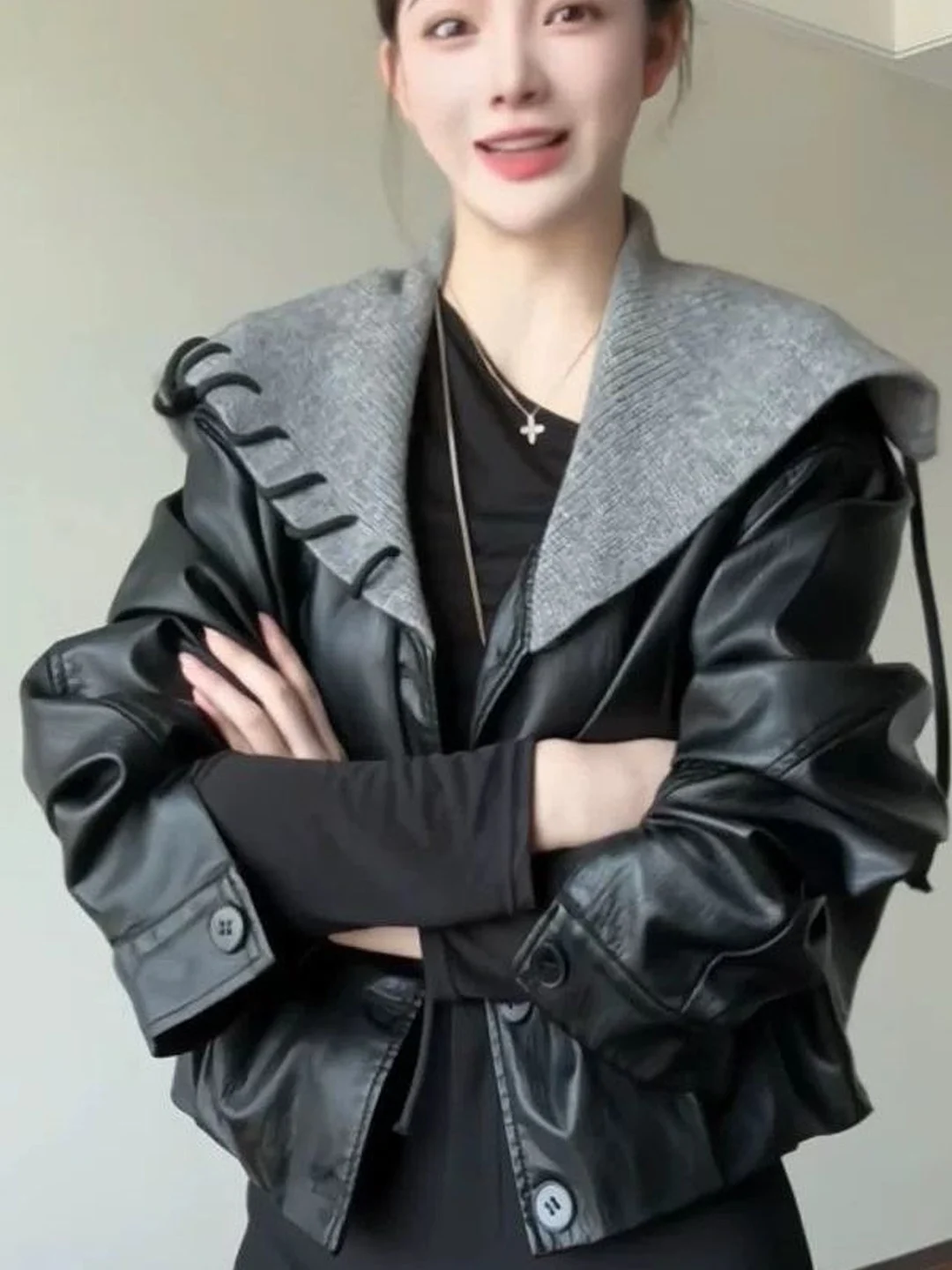 Naval Collar Leather Jacket Women's Loose Fit Fashionable Multi-Functional Anti-Aging Slimming Design Short Top