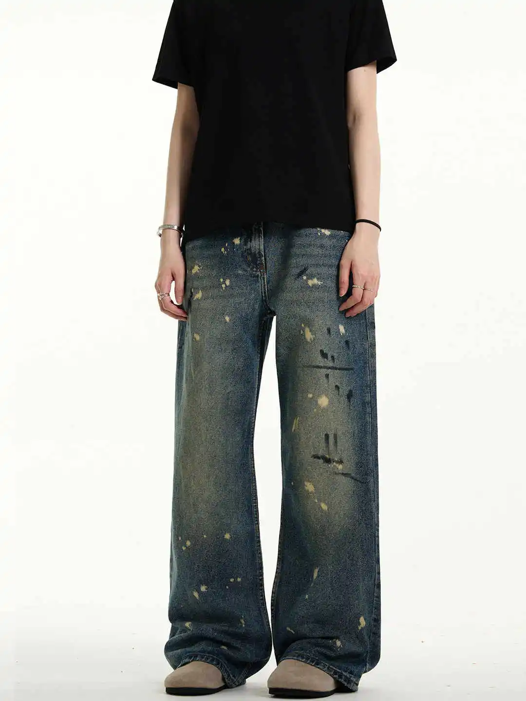 

Vintage Floral Print High Waist High Street Blue Straight Jeans Pants Korean Fashion Women's Wide Leg Baggy Y2K Denim Trouser