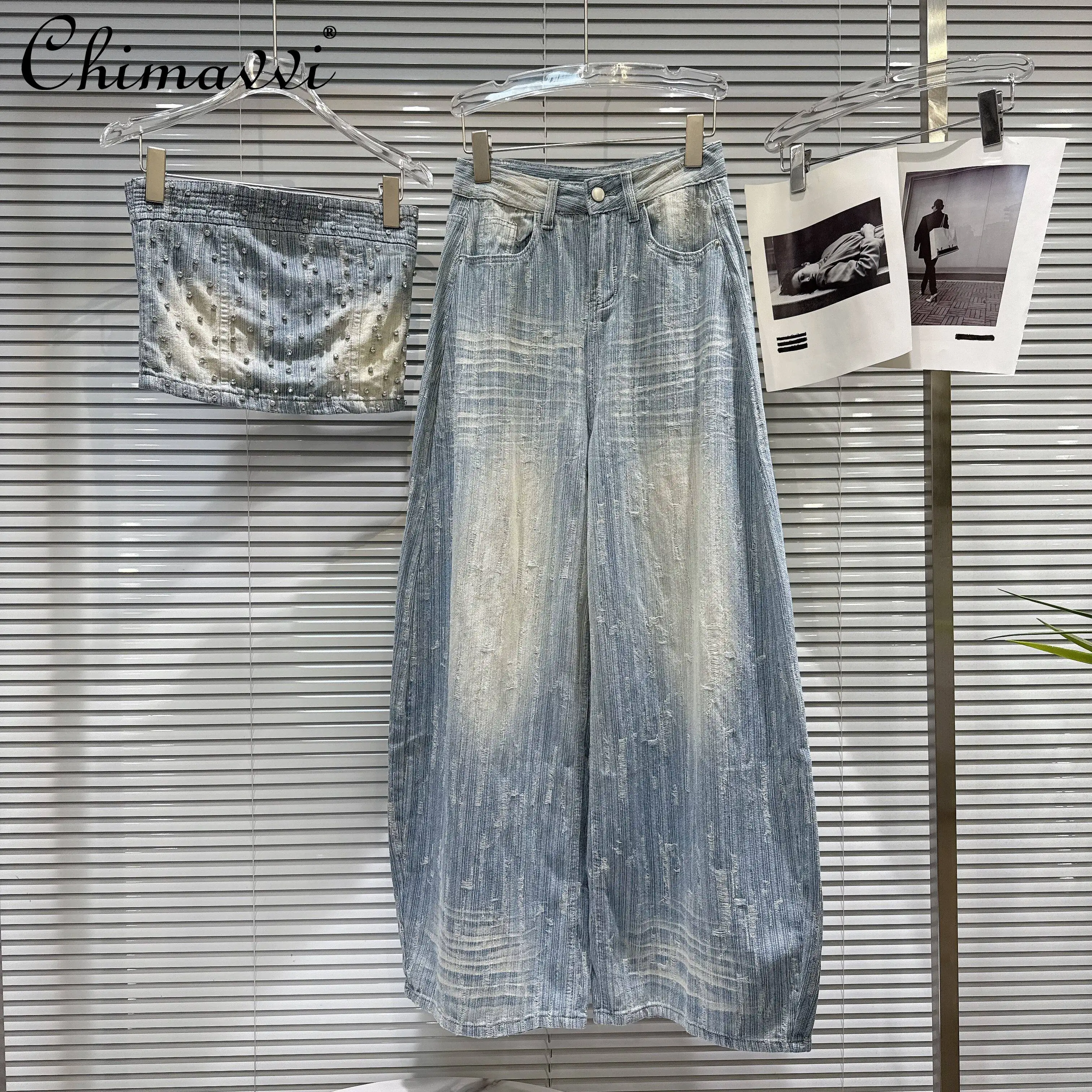 

2026 Summer Korean Fashion Casual Diamond Elastic Zipper Tube Top High Waist Loose Wide Leg Jeans Pants Two-piece Suit for Women
