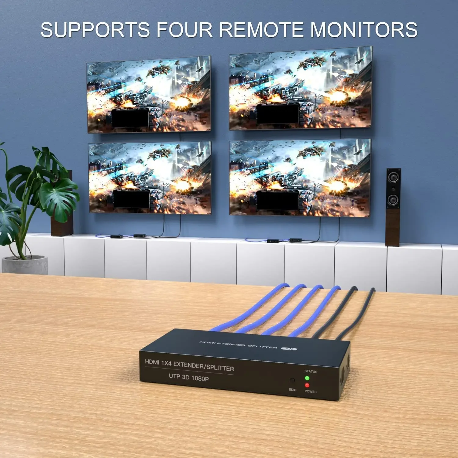 1x4 HDMI Splitter Extender over Cat5e/6 Ethernet-kabel 50M 1080P HDMI Extender 4 Ontvanger Display 1 in 4 uit met POC-functie