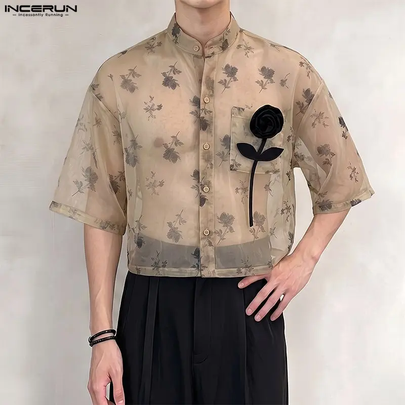 INCERUN Men's Shirt Printing Flower Lapel Short Sleeve Mesh See Through Men Clothes Streetwear 2026 Loose Fashion Tops For Man