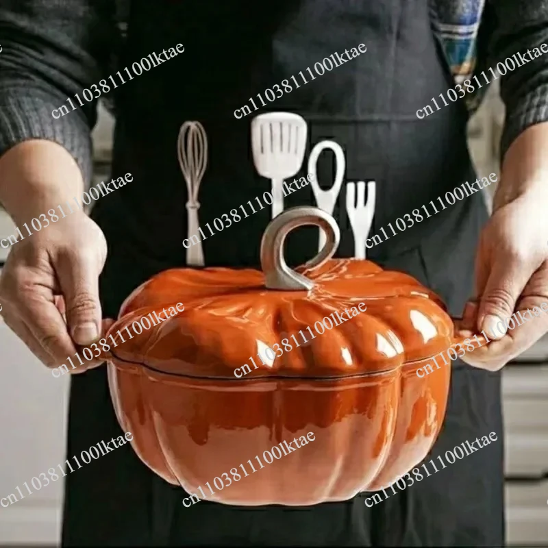 3.7L Enamel Coated Cookware Pumpkin Enameled Cast Iron Cooking Pot NonStick Enamel Pot Casserole Dish 12inch for All Heat Source