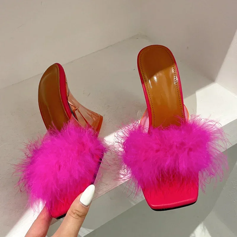 Sandales Peep Parker à enfiler pour femmes, pantoufles à talons transparents, plumes de fourrure, chaussures transparentes, toboggans sexy, mode