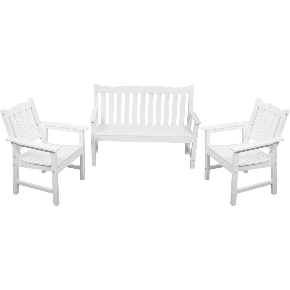 

Balcony Furniture 3 Pieces All-Weather Patio Furniture Set, Include 2 Outdoor Chairs and 1 Outdoor Bench, White