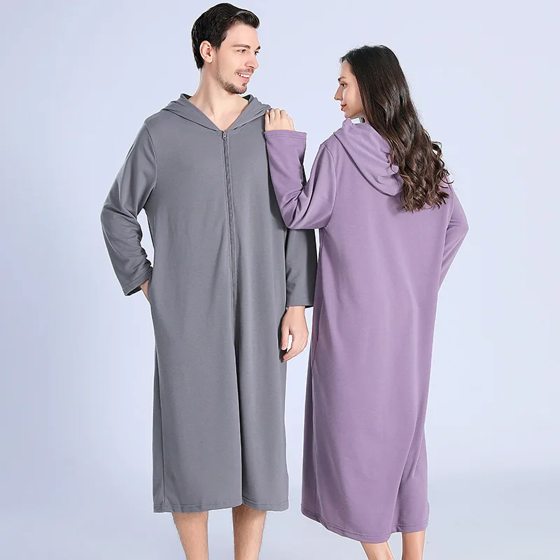 Hooded Women's Bathrobe Solid Zipper Autumn Winter Couple Dressing Gown Long Sleeve Loose Long Bath Robe For Female 2024