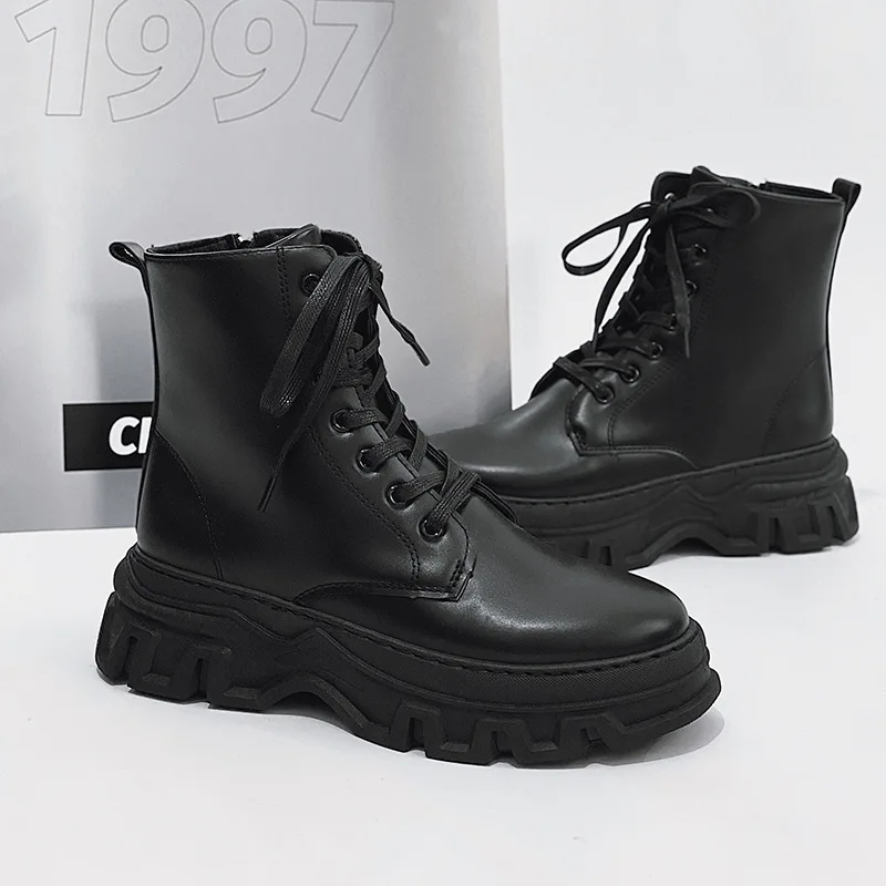 Men Leather Fashion Boots for Men Waterproof Lace Up Short Ankle Boots Men Outdoor Platform High Top Motorcycle Boots