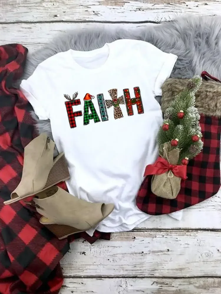 

Fashion Leopard Letter Trend Happy New Year Christmas Tee Women Top Clothes Holiday Printed T Shirt Clothing Graphic T-shirts