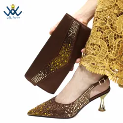 Coffee Color Fashion Italian Women Shoes and Bag Set High Quality New Full Shinning Crystal Slingbacks Pumps for Wedding