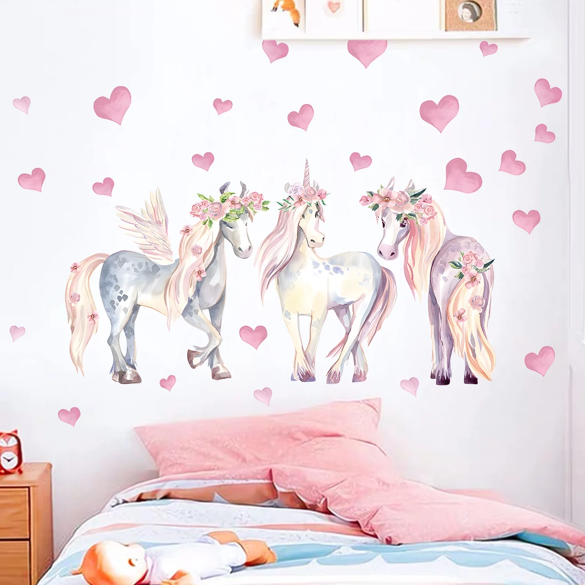 Pink Heart Cartoon Unicorn Wall Stickers Home Decor Accessories Living Room Wall Decals Bedroom Decoration Baby Nursery Kid Room