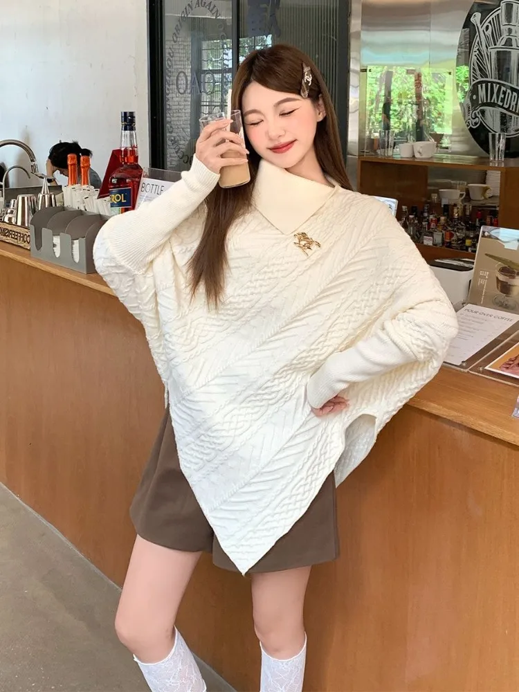 Autunno e inverno Nuovo design coreano Collo alto irregolare Torsioni di pasta fritta Mantello Maglieria Celebrity Street Maglione a maniche lunghe