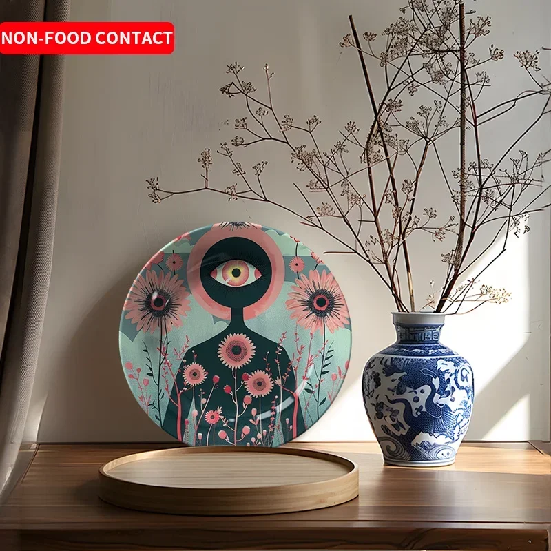 A Christmas Floral Body Art Ceramic Decorative Plate Featuring an Abstract Big Eye Design, Suitable for Wall Hanging And Home